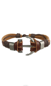 Edgy Unisex Antique Silver Anchor Brown Leather Bracelet