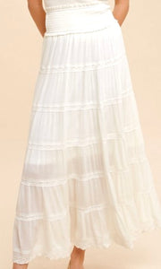 Ackler Off White Lace Accent Tiered Smocked Satin Maxi Skirt