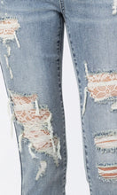 Aisla Medium Wash Lace Patch Mid Rise Skinny Stretch Denim Jean