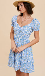 *SALE! Abany Cornflower Blue Floral Print Button Front Smocked Dress