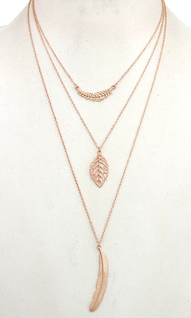 Necklace Rose Gold Leaf Pendant Triple Mix Necklace