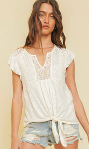 *SALE! Adery Cream Tie-Front Lace Trim Knit Top