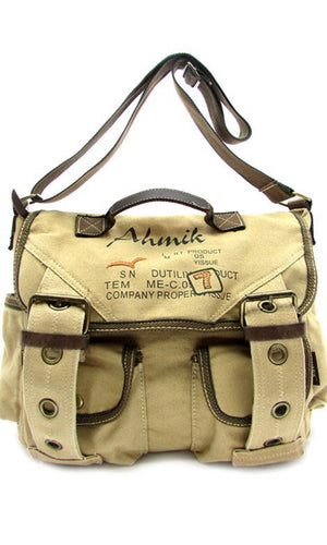 Baltimore Washed Khaki Embroidered Military Utility Canvas Messenger Bag