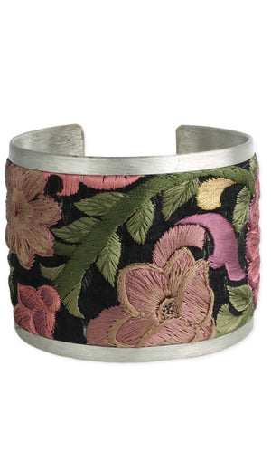 Bazaar Purple Flower Embroidered Silver Cuff Bracelet