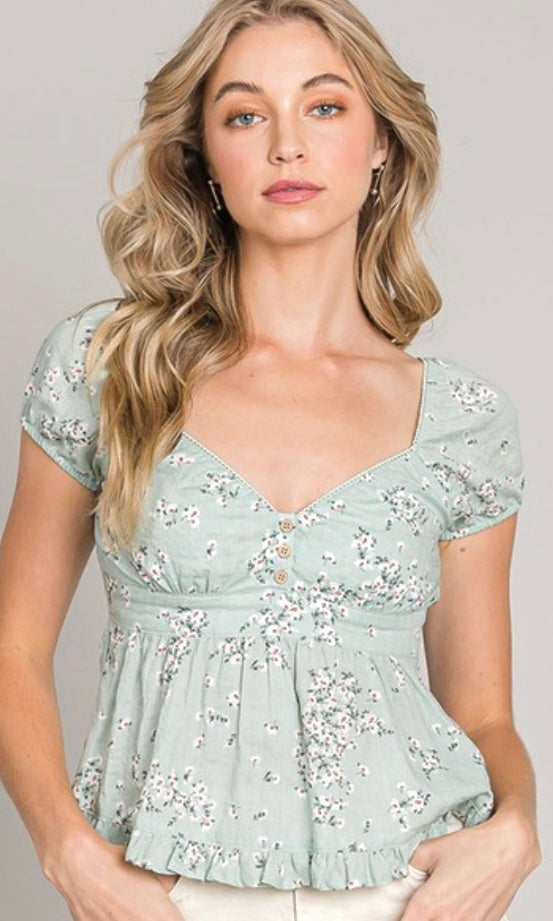 Abigail Seafoam Green Floral Lace Trim Shirt Top