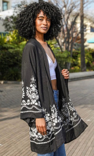 Ansley Black Floral Vine Embroidered Kimono