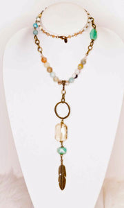 Raquel Amazonite Crystal Circle Pendant Beaded Long Necklace