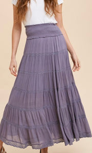 *SALE! Ackler Dusty Blue Lace Accent Tiered Smocked Satin Maxi Skirt