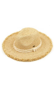 CC Natural Frayed Grograin Band Panama  Sun Hat