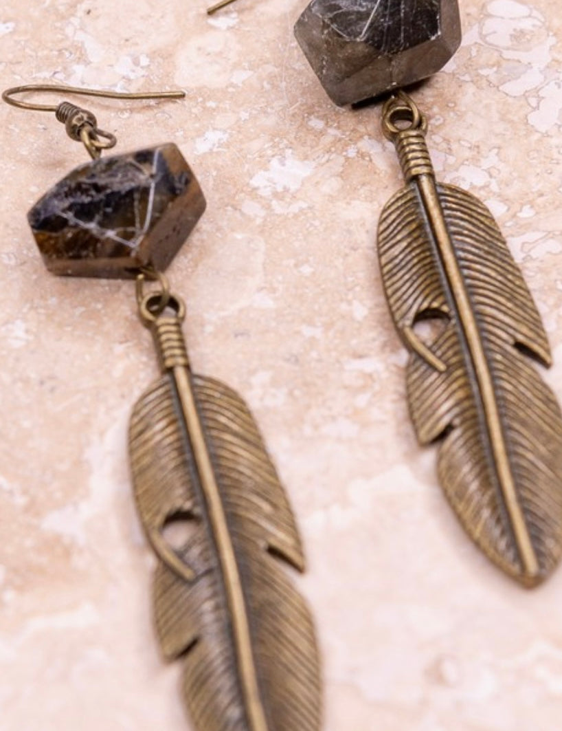 Raquel Gray Stone Feather Charm Drop Earrings