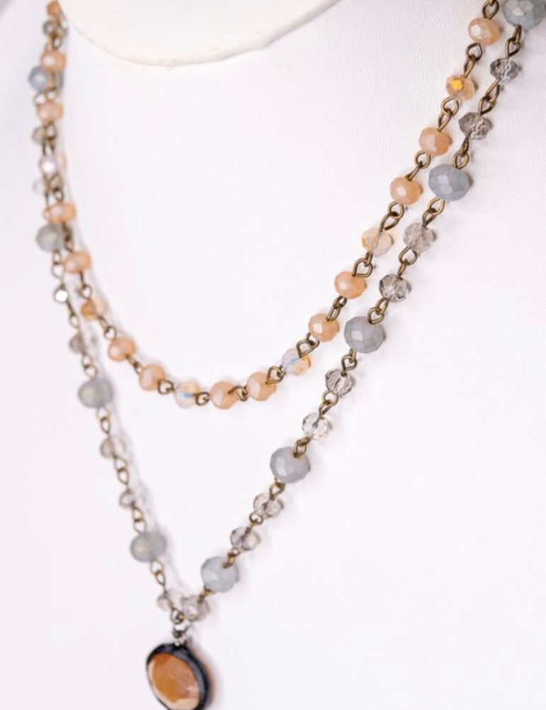 Harper Grey Stone Crystal Pendant Double Beaded Necklace