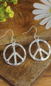 Woodstock Vibes Silver Peace Sign Round Earrings
