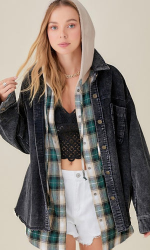 Achelsie Black Vintage Wash Corduroy Oversized Shacket Jacket