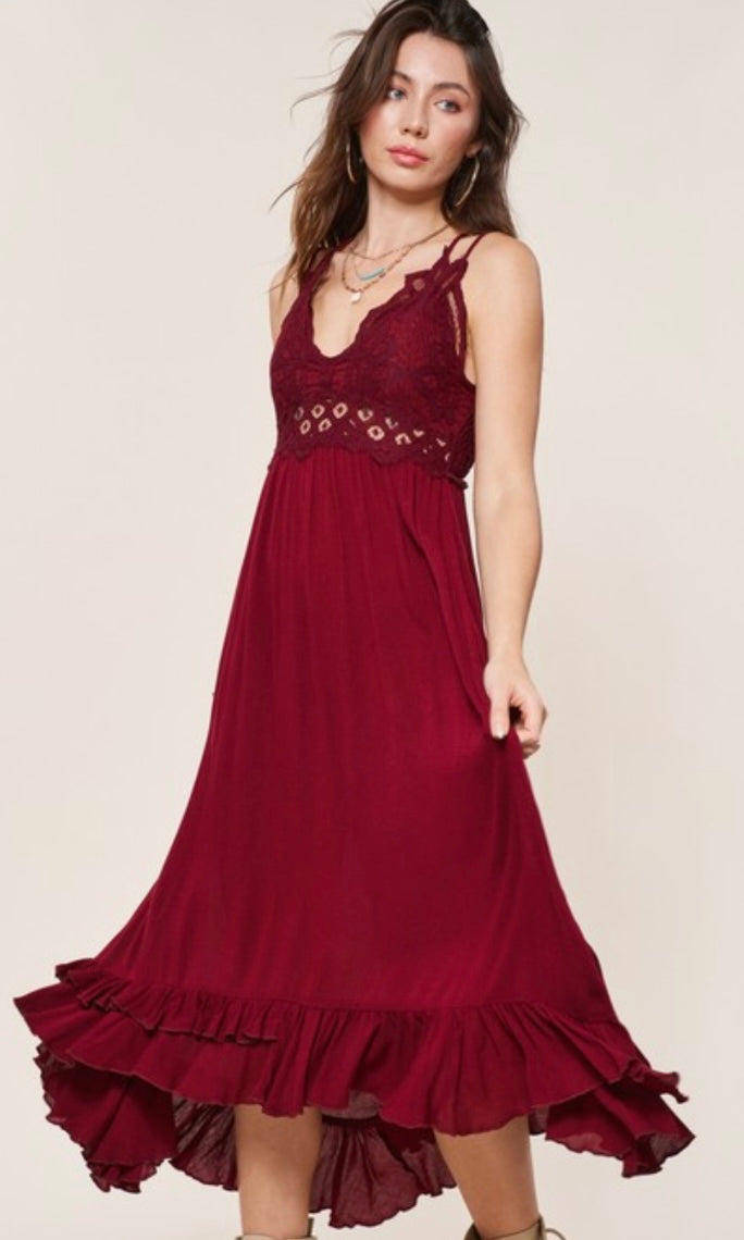 Aadelie Garnet Red Crochet Lace Halter Dress
