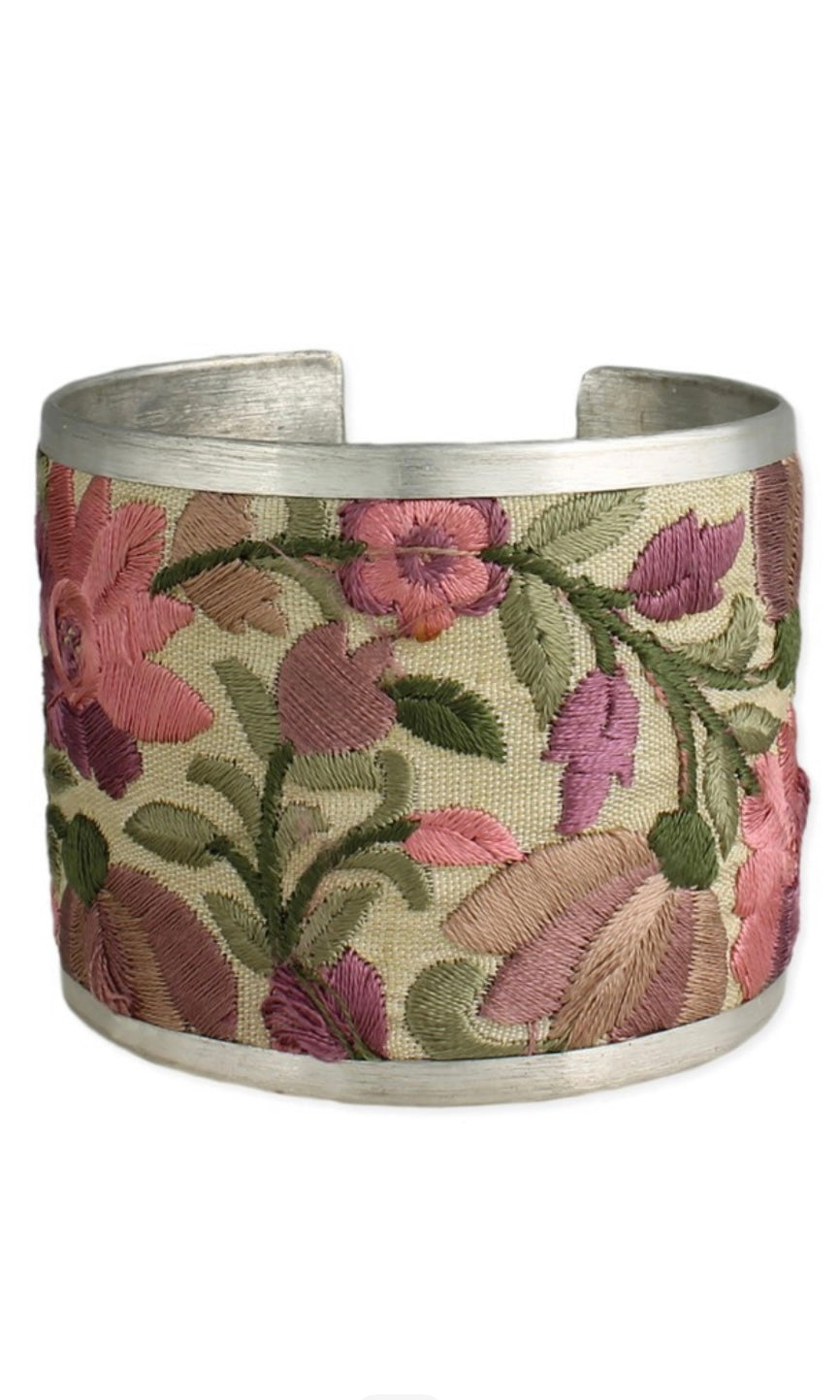 Bazaar Pink Flower Embroidered Silver Cuff Bracelet