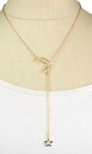 Gold Hammered Star-Drops Moon and Star Lariat Chain Necklace