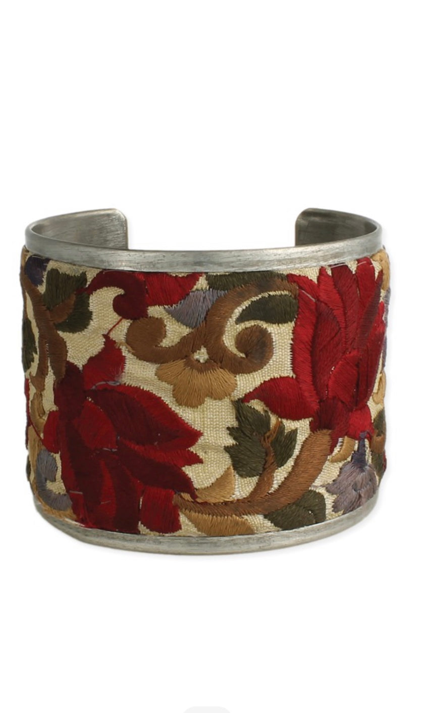 Bazaar Red Flower Embroidered Silver Cuff Bracelet