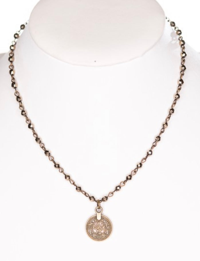 Roxie Bronze Coin Pendant Beaded Chain Short Necklace