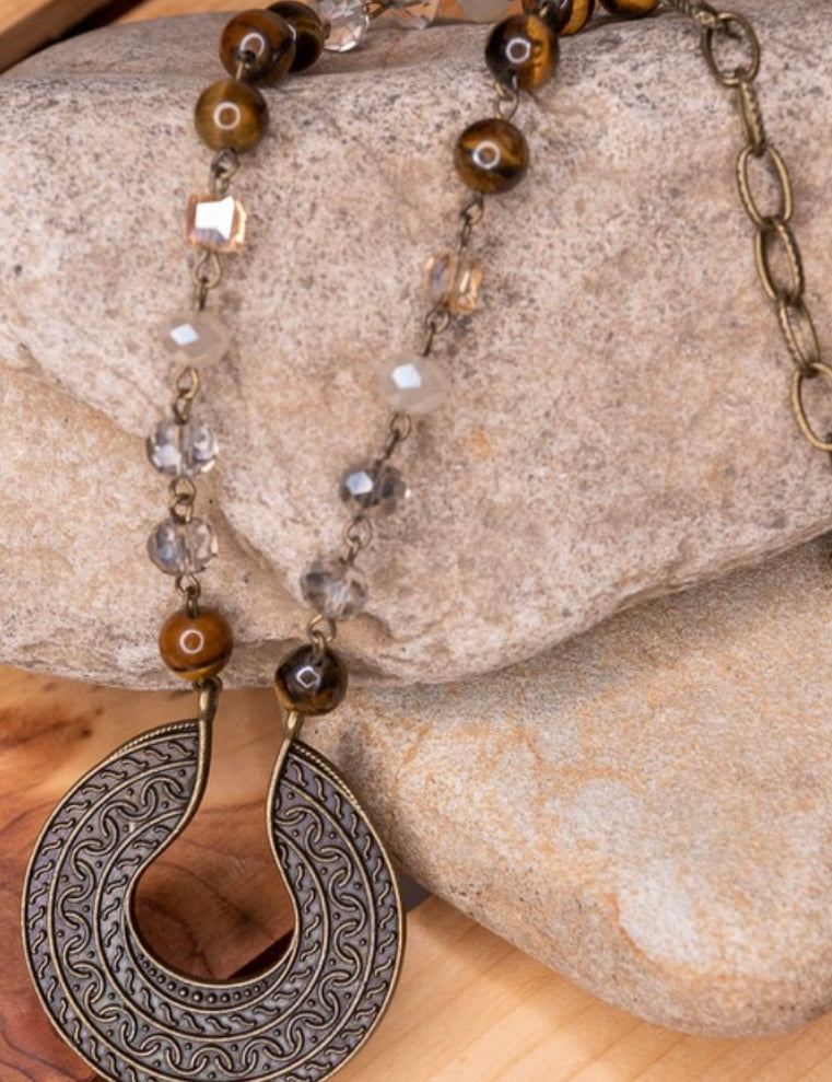 Ursala Tiger Eye Stone U-Shape Pendant Beaded Necklace