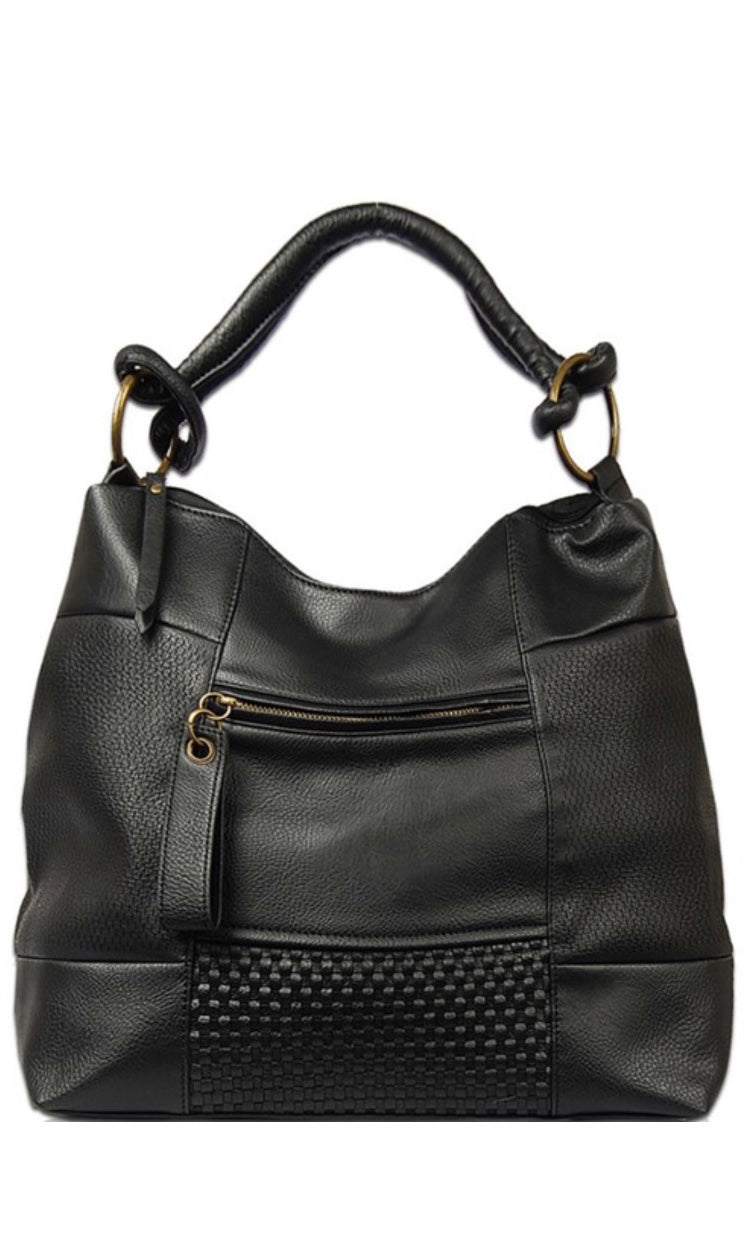 Black vegan leather shoulder handbag with antique gold hardware, a zip top closure, and an adjustable shoulder strap.