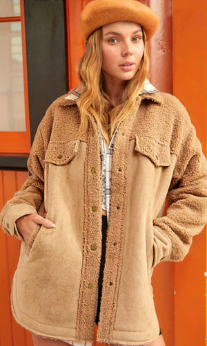 Amello Camel Cozy Faux-Suede Side Pocket Shacket Jacket