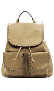 Boston Tan Vegan Leather Whipstitched Double Pocket Backpack Crossbody HandBag
