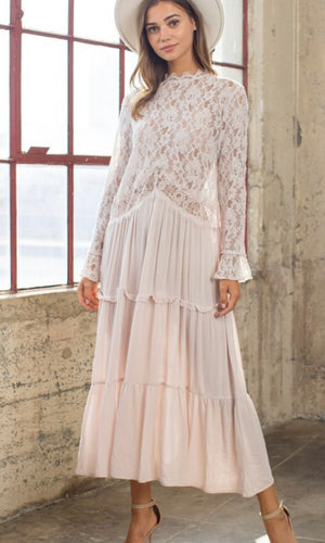 *SALE! Aydin Pale Blush Lace Mix Romantic Flare Midi Dress