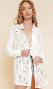 *SALE! Anial White Mixed Eyelet Longline Texture Shirt Top