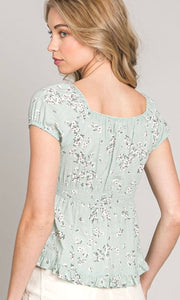 Abigail Seafoam Green Floral Lace Trim Shirt Top