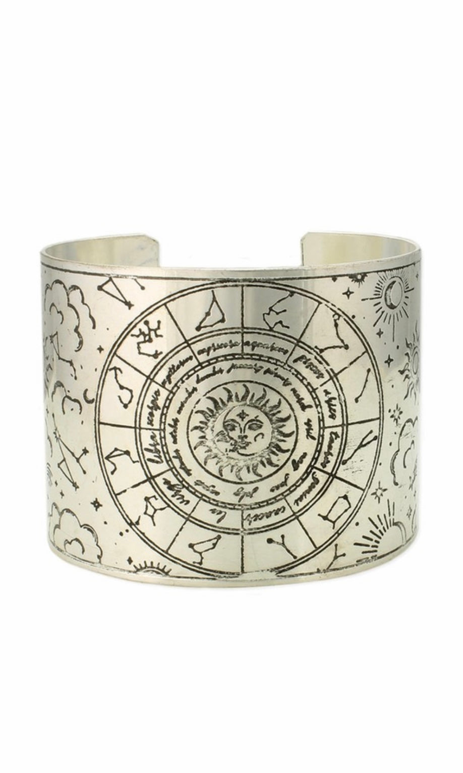 Astrology Silver Etched Zodiac Sign Wide Cuff Bracelet
