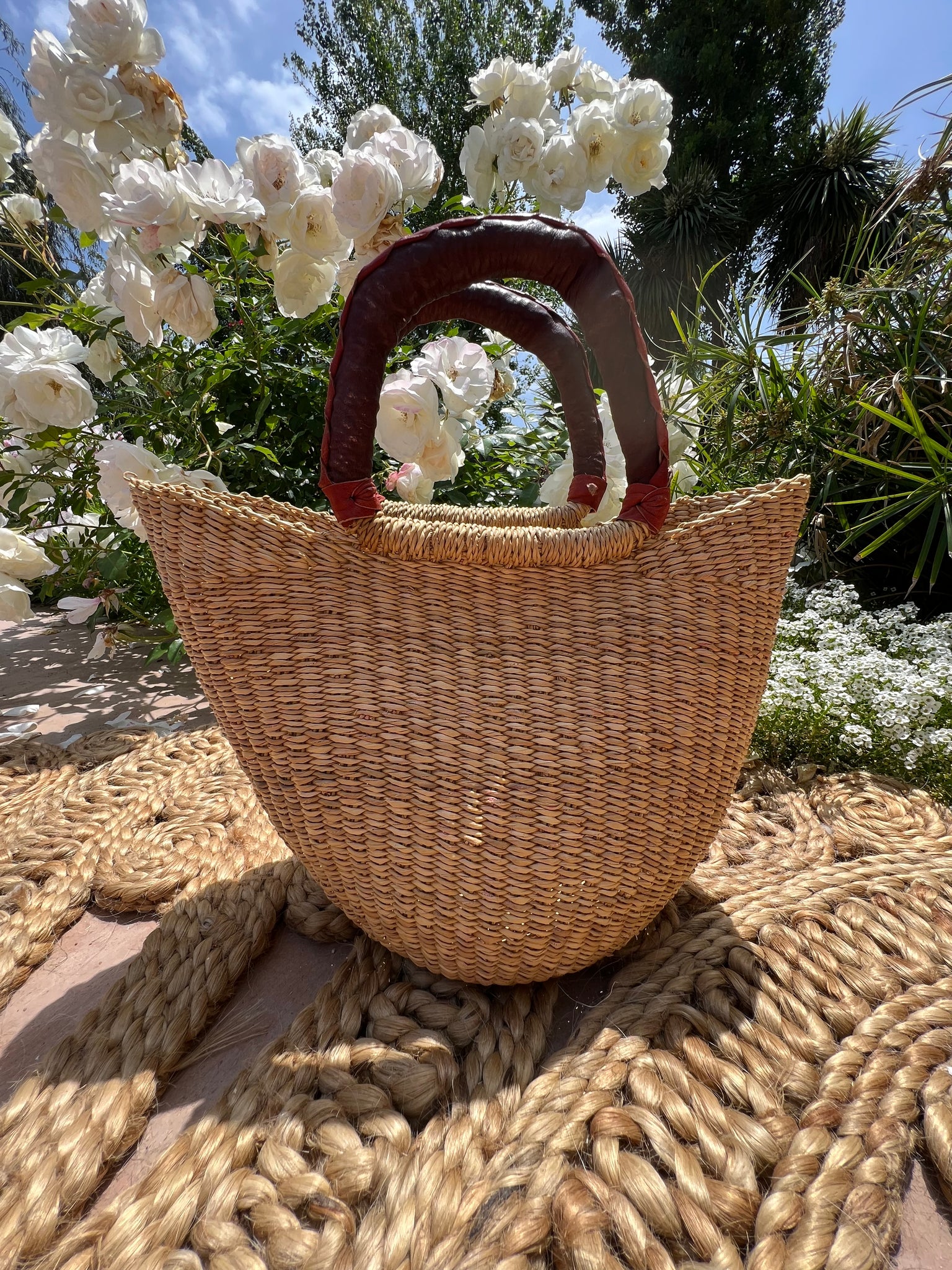 Authentic Market Basket U Shape Leather Handle Straw Small Tote