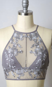 Allure Grey Embroidered Flower Sheer High Neck Brami Bralette Top