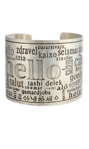 Bracelet Antique Inspired Silver Hello Multi Language Etched Wide Cuff Bracelet
