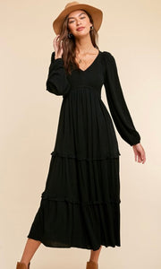Aliza Black Smocked Tiered Midi Dress