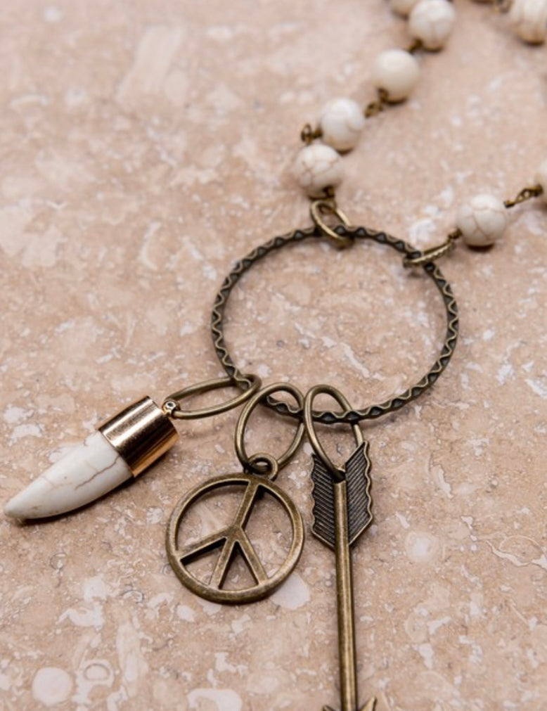 Erin White Tooth Round Pendant Beaded Long Necklace